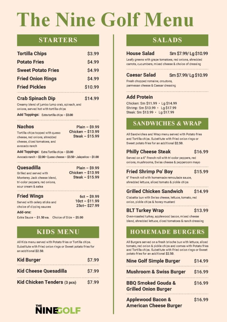 final the nine golf menu